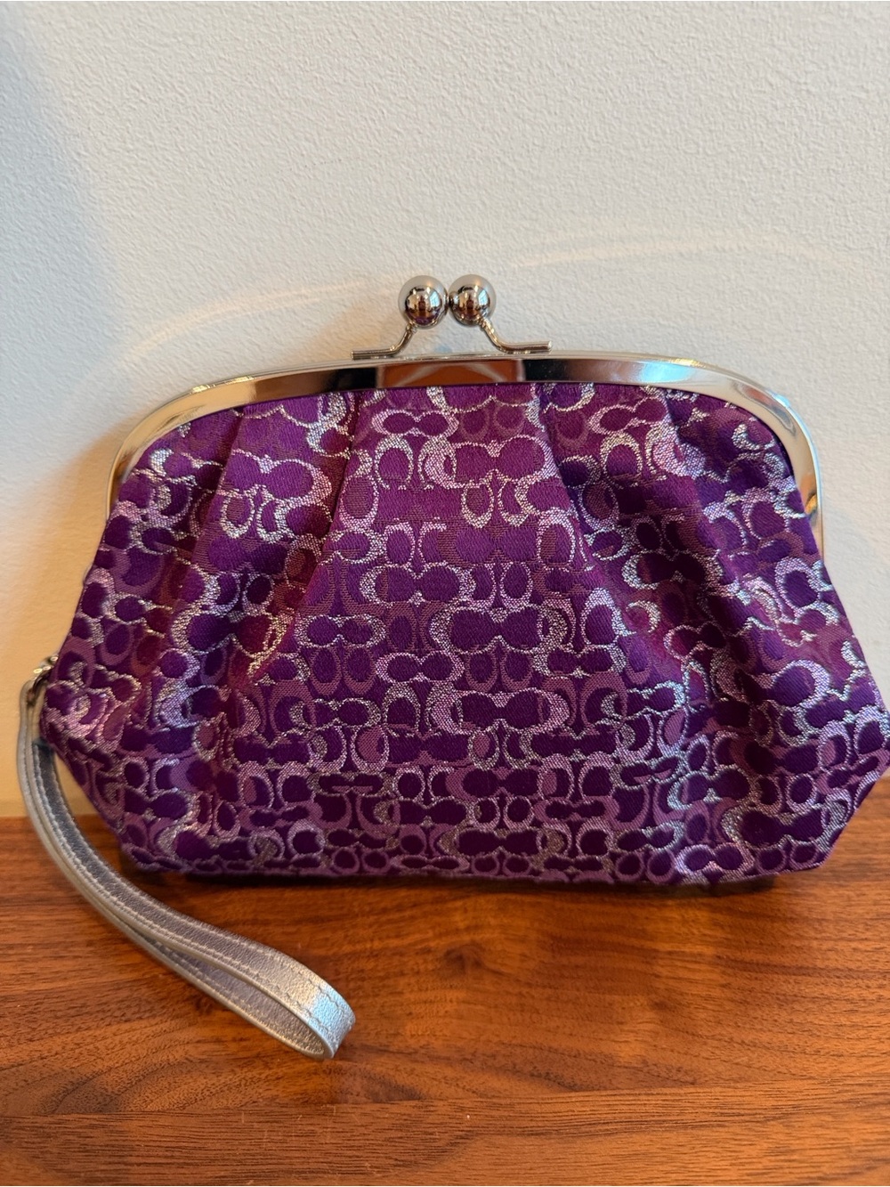 Coach Vintage Purple Signature Optic Lurex Kiss Lock Clutch with Silver Accents